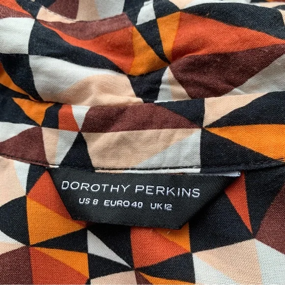 Dorothy Perkins Shirt Dress Orange Black Geometric Print Belted Rolled Sleeve 12 - Picture 11 of 13